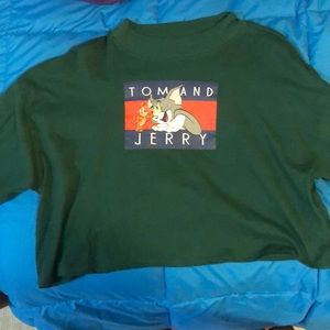 1 long-sleeve green Tom and Jerry crop top